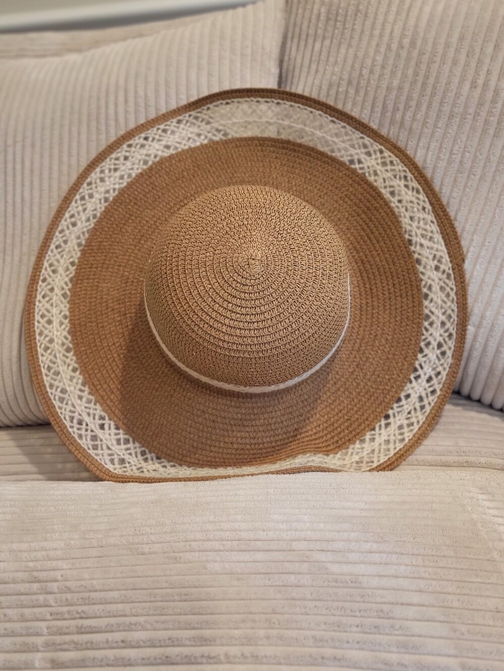 Source Unknown Brown and White Wide-Brim Straw Sun Hat